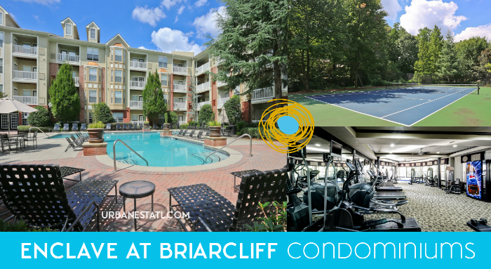 Photos pf the pool, tennis courts and fitness center at the Enclave at Briarcliff condos.